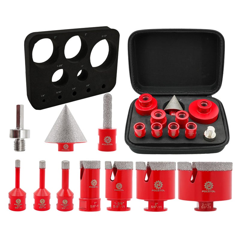 FOCSTOL Diamond Core Drill Bit Set - FOCSTOL 10pcs (6/8/10/25/35/50/65mm+10mm Finger Milling Bit+50mm Beveling Chamfer Bit+Hex) Hole Saw Kit for Porcelain Ceramic Tile Marble Granite with 5/8''-11 Thread - Image 1