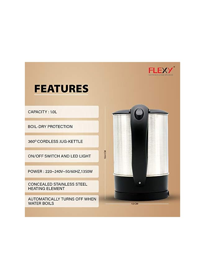 Flexy 1 Liter Stainless Steel Electric Cordless Kettle with 360° Swivel Base, Power Cord Storage, Auto Cut-off Function, LED Indicator, 1350 Watts - Image 2