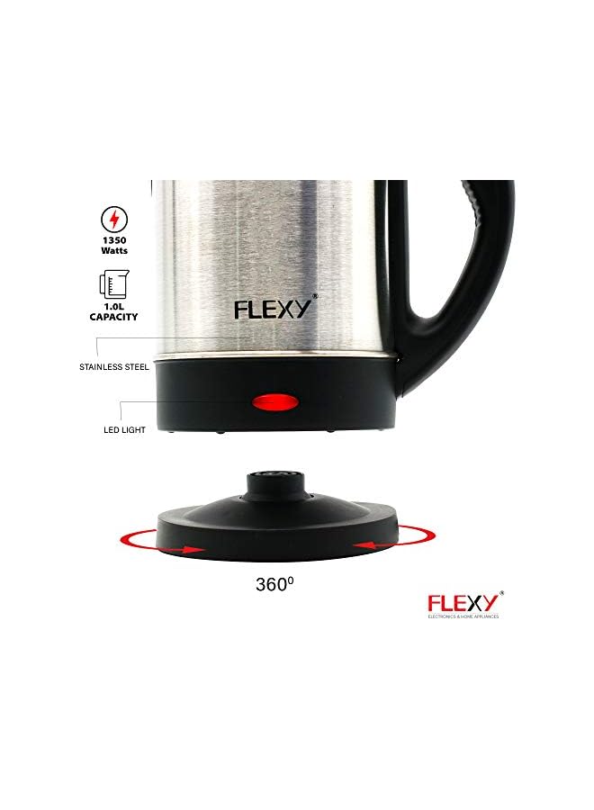 Flexy 1 Liter Stainless Steel Electric Cordless Kettle with 360° Swivel Base, Power Cord Storage, Auto Cut-off Function, LED Indicator, 1350 Watts - Image 3