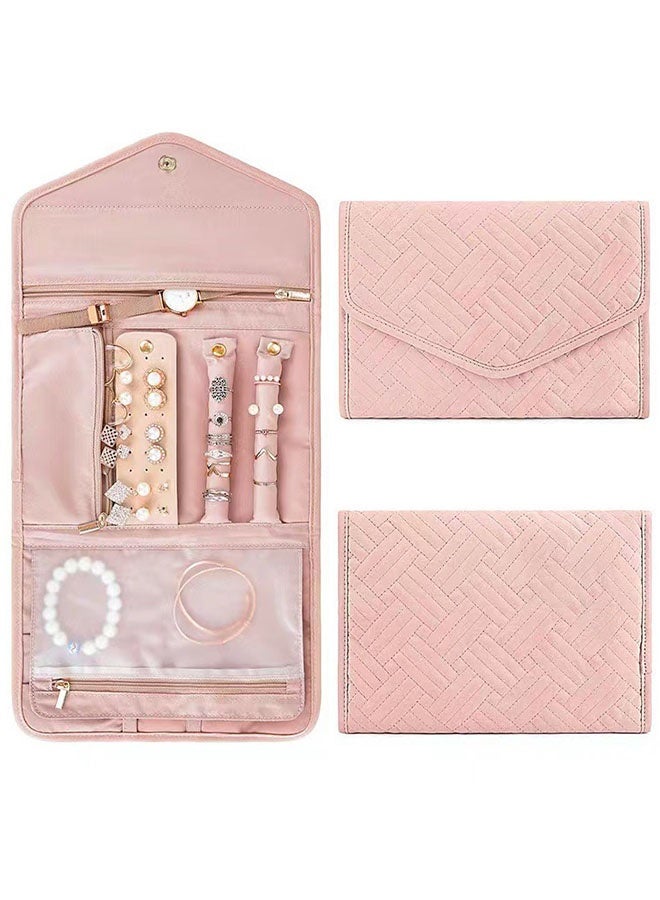 اس اس حقيبة تنظيم المجوهرات للسفر مضادة للتشابك وقابلة للطي، حقيبة سفر صغيرة قابلة للطي، ملحق للقلائد والأقراط والخواتم والأساور والساعات، لون وردي - Image 1