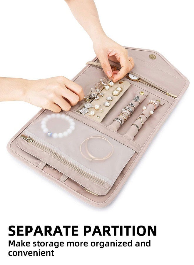 اس اس حقيبة تنظيم المجوهرات للسفر مضادة للتشابك وقابلة للطي، حقيبة سفر صغيرة قابلة للطي، ملحق للقلائد والأقراط والخواتم والأساور والساعات، لون وردي - Image 2