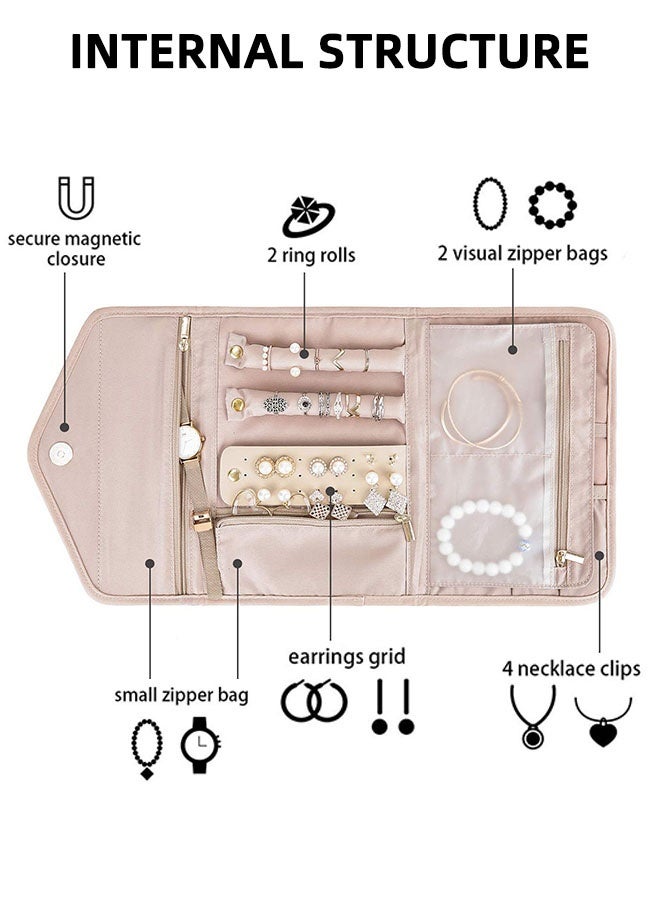 اس اس حقيبة تنظيم المجوهرات للسفر مضادة للتشابك وقابلة للطي، حقيبة سفر صغيرة قابلة للطي، ملحق للقلائد والأقراط والخواتم والأساور والساعات، لون وردي - Image 3