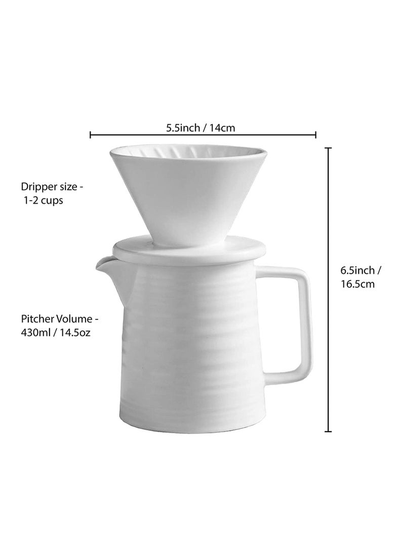 EqiEch Handmade Ceramic Pour Over Coffee Maker Set,Hand Brewing V60 Size 01 Cone Coffee Filter&500ml Coffee Pot, 1-2 Cup,Premium White  - Image 2