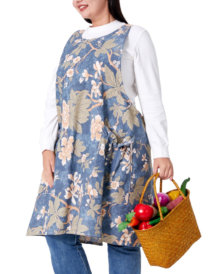 VIKIDEER Comfortable Huge Plus Size Aprons for Women Adjustable Cross Back Floral Cotton Linen Aprons Paeonia Lactiflora - Image 1