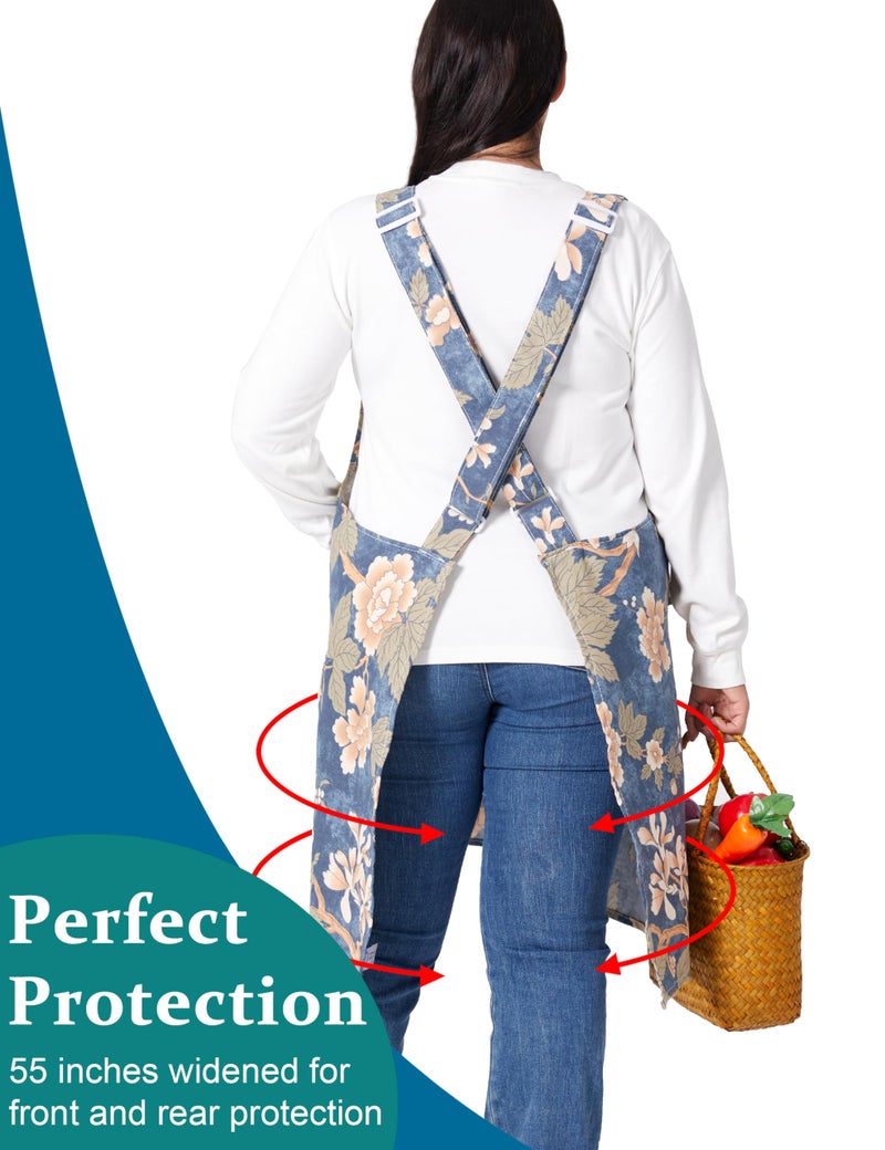 VIKIDEER Comfortable Huge Plus Size Aprons for Women Adjustable Cross Back Floral Cotton Linen Aprons Paeonia Lactiflora - Image 2