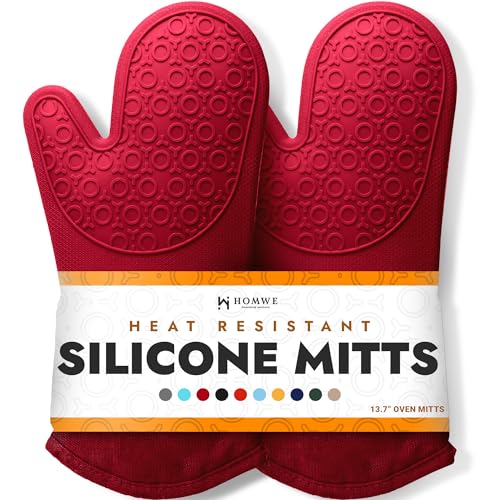 HOMWE BPA-Free Silicone Oven Mitts Ultra Heat Resistant up to 500°F - Oven Mitts with Thick Cotton Liner - Long Slip Resistant Pot Holders, Flexible Oven Gloves - Empire Red 13.7 - Image 1