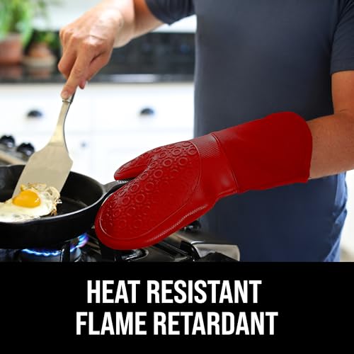 HOMWE BPA-Free Silicone Oven Mitts Ultra Heat Resistant up to 500°F - Oven Mitts with Thick Cotton Liner - Long Slip Resistant Pot Holders, Flexible Oven Gloves - Empire Red 13.7 - Image 3