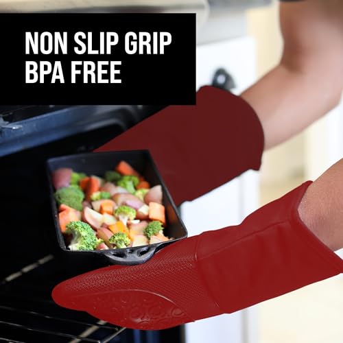 HOMWE BPA-Free Silicone Oven Mitts Ultra Heat Resistant up to 500°F - Oven Mitts with Thick Cotton Liner - Long Slip Resistant Pot Holders, Flexible Oven Gloves - Empire Red 13.7 - Image 5