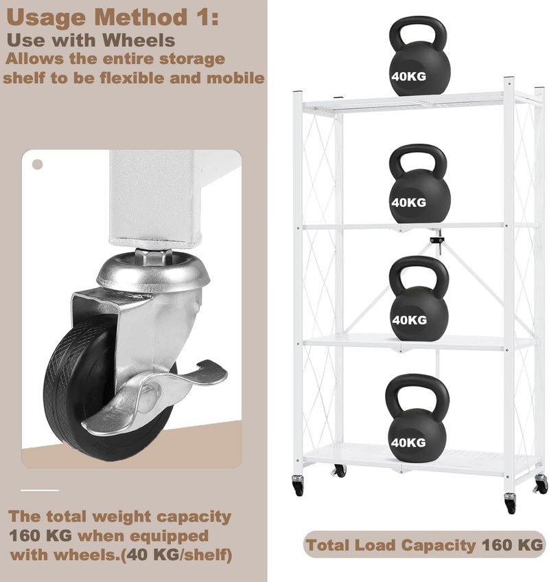 Bentifar 4 Tier Thickened Foldable Storage Rack with Wheels,No Assembly,Large Capacity Shelves,Heavy-Duty Metal Shelving Unit Rolling Cart for Garage, Kitchen, Basement, Pantry(White, 4-Tier) - Image 3