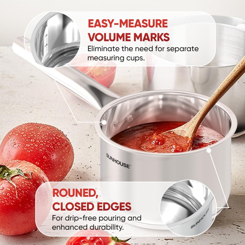 SUNHOUSE â€“ 1.5 Quarts Stainless Steel Sauce Pan with Lid - PFOA-FREE, Stainless Steel Sauce Pan, Advanced Impact Bonding Induction Base, Stay-Cool Handle, Compatible with All Cooktops - Image 5