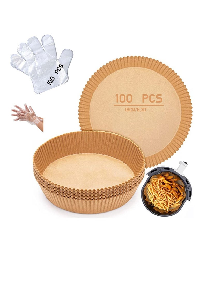 BELLHOWELL Pack Of 100 PCS Air Fryer Disposable Paper Liner Non Stick Liners Round Food Grade Baking For Oven Roasting Microwave Nature 6.3 Inch 16 CM With 100 Pcs Transparent Gloves  - Image 1