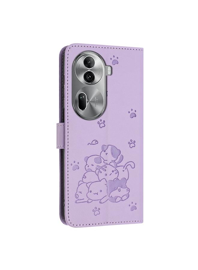 S-TOP Case For OPPO Reno11 Pro Global Embossed Kitten Phone Leather Case with Lanyard - Image 3