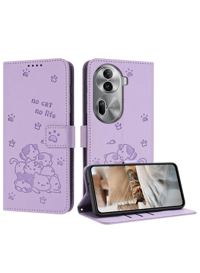 S-TOP Case For OPPO Reno11 Pro Global Embossed Kitten Phone Leather Case with Lanyard - Image 1