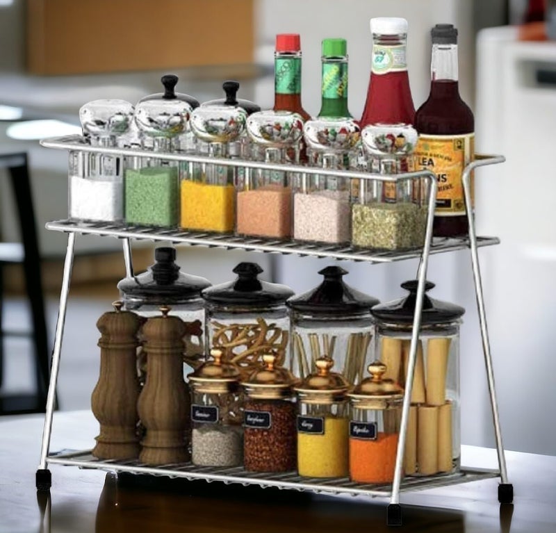 Deehome Stainless Steel 2-Tier Multipurpose Rust-Resistant Shelf Basket for Kitchen, Bathroom, Vanity - Space-Saving Organizer for Spice Jars, Condiments, Toiletries & More - Image 2