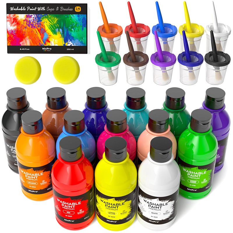 Nicpro 14 Colors Large Washable Paint for Kids 845oz250ml Non Toxic Children Tempera Finger Paints with Paint Brushes Cups and Sponge for Art Poster School Classroom Craft DIY Children - Image 2