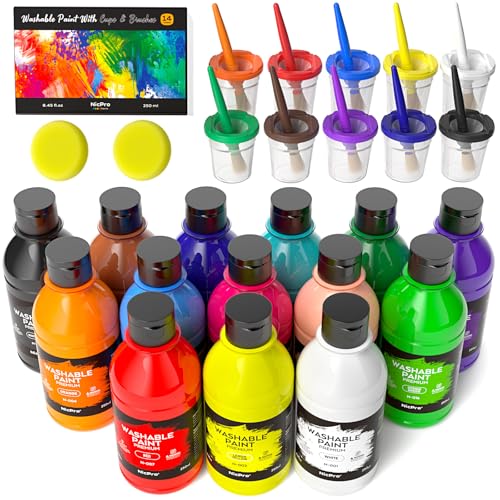 Nicpro 14 Colors Large Washable Paint for Kids 845oz250ml Non Toxic Children Tempera Finger Paints with Paint Brushes Cups and Sponge for Art Poster School Classroom Craft DIY Children - Image 1