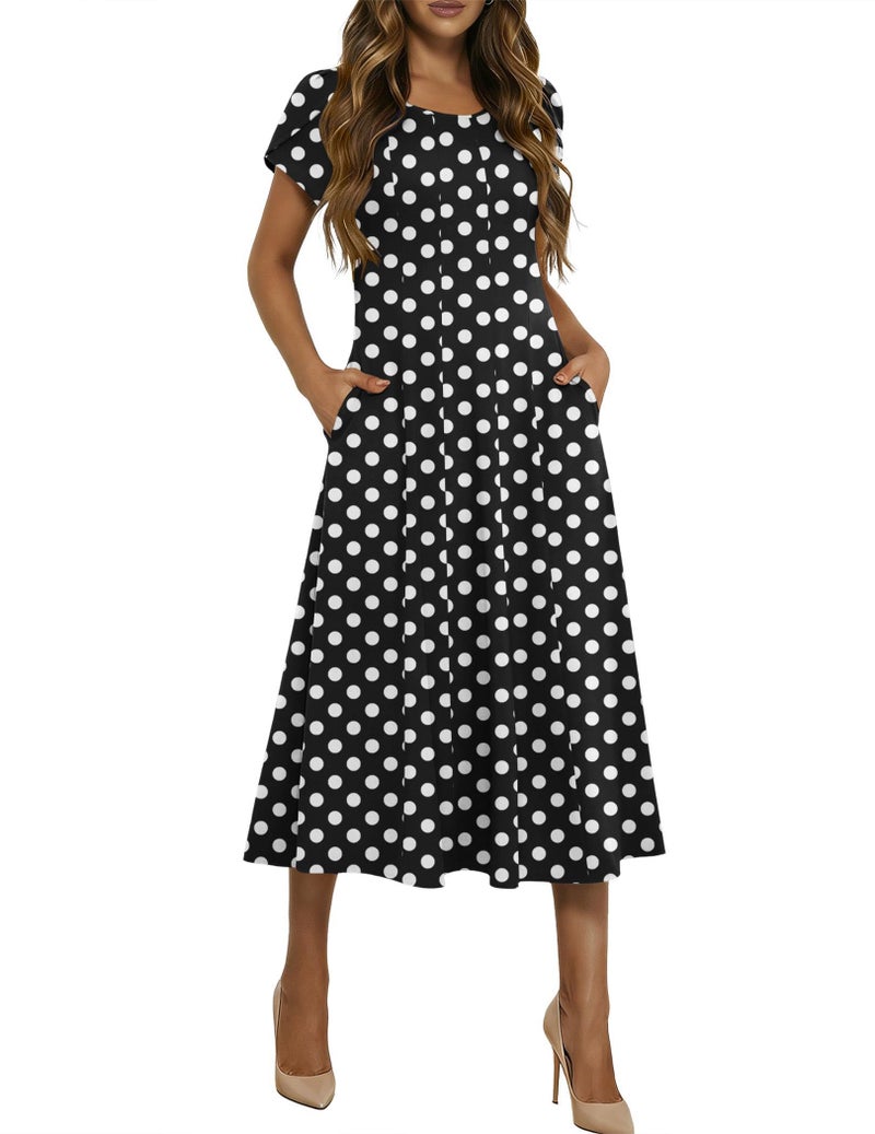 HOTOUCH Womens Fit and Flare Midi Dress Casual A Line Dresses 2026 Empire Waist Dress Ladies Black White Polka Dot Dresses, Black Dot,L - Image 1