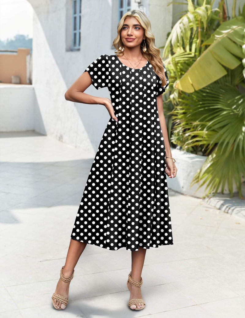 HOTOUCH Womens Fit and Flare Midi Dress Casual A Line Dresses 2026 Empire Waist Dress Ladies Black White Polka Dot Dresses, Black Dot,L - Image 2