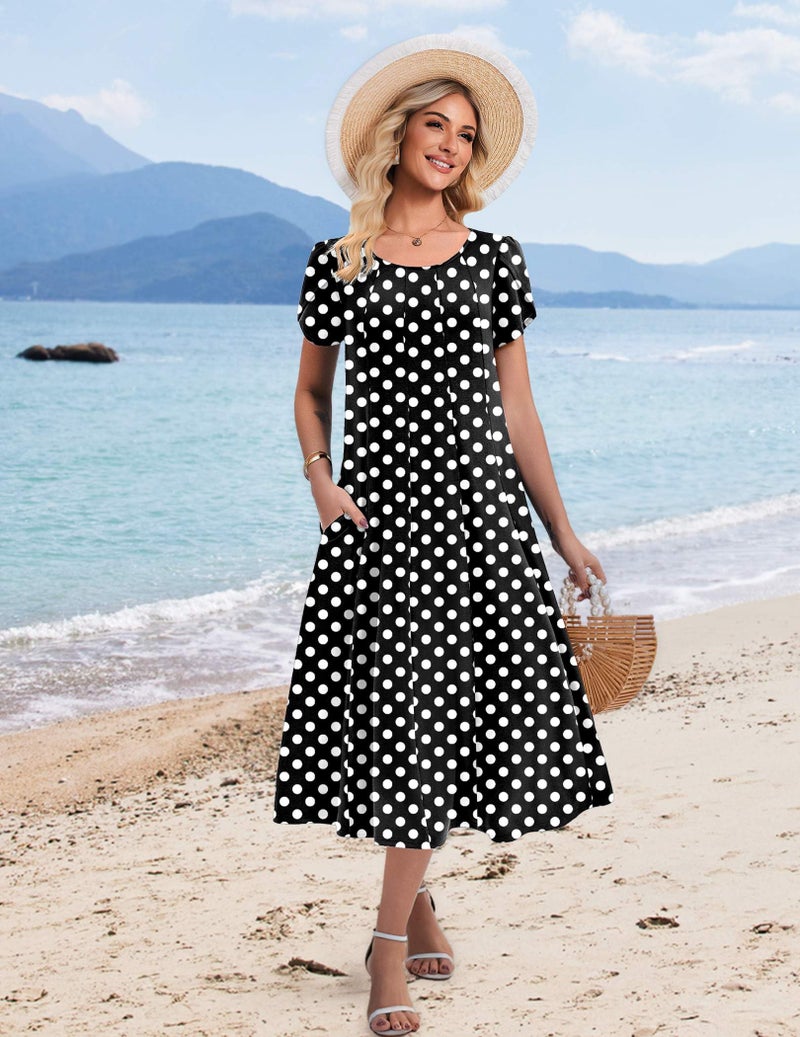 HOTOUCH Womens Fit and Flare Midi Dress Casual A Line Dresses 2026 Empire Waist Dress Ladies Black White Polka Dot Dresses, Black Dot,L - Image 4