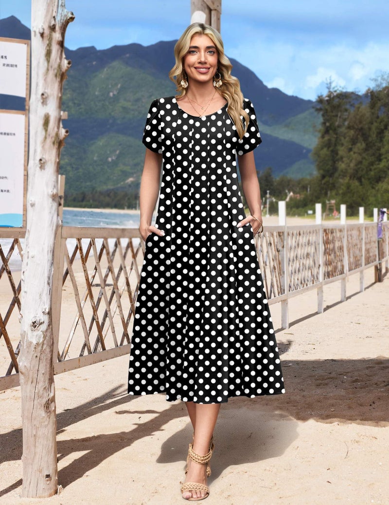HOTOUCH Womens Fit and Flare Midi Dress Casual A Line Dresses 2026 Empire Waist Dress Ladies Black White Polka Dot Dresses, Black Dot,L - Image 3