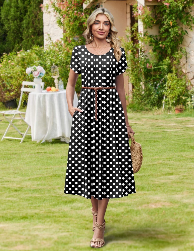 HOTOUCH Womens Fit and Flare Midi Dress Casual A Line Dresses 2026 Empire Waist Dress Ladies Black White Polka Dot Dresses, Black Dot,L - Image 5
