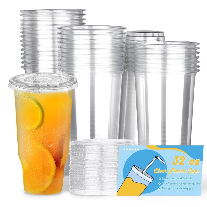 BALDCC 32 oz 50 Pack Crystal Clear Plastic Cups Oversized Disposable Clear Cups Flat Cover Pluggable Straw for Smoothie Iced CoffeeMilkshake Any Cold Drink