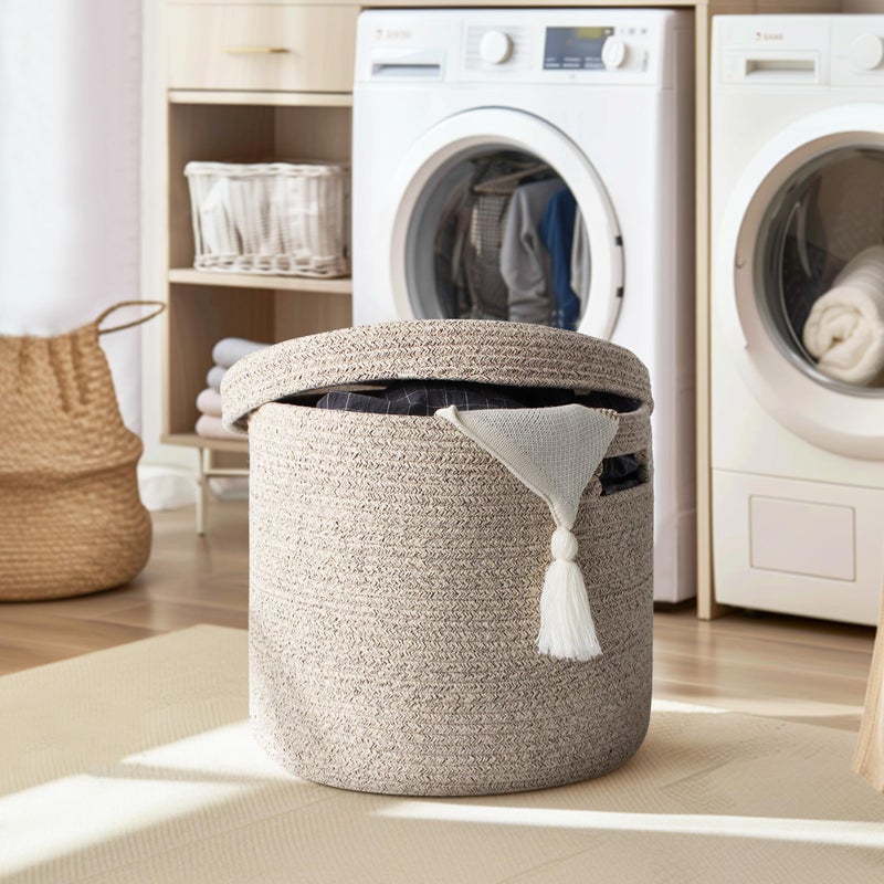 WILLITAT Storage Basket with Lid, Woven Blanket Storage for Living Room, Soft Cotton Rope Bin with Lid, Round Wicker Laundry Basket with Cover, Lidded Kids Dog Toy Bin, Nursery Organizer, 15" x 13" - Image 4