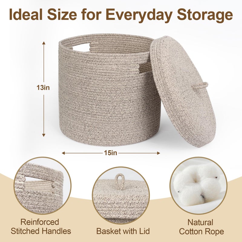 WILLITAT Storage Basket with Lid, Woven Blanket Storage for Living Room, Soft Cotton Rope Bin with Lid, Round Wicker Laundry Basket with Cover, Lidded Kids Dog Toy Bin, Nursery Organizer, 15" x 13" - Image 2