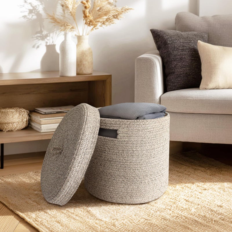 WILLITAT Storage Basket with Lid, Woven Blanket Storage for Living Room, Soft Cotton Rope Bin with Lid, Round Wicker Laundry Basket with Cover, Lidded Kids Dog Toy Bin, Nursery Organizer, 15" x 13" - Image 3