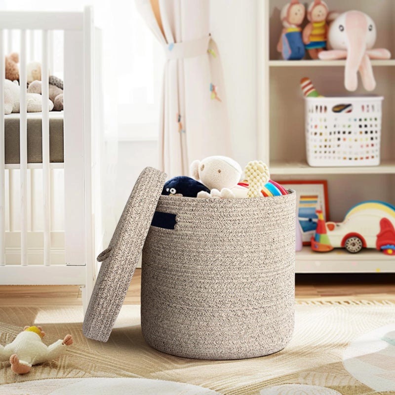 WILLITAT Storage Basket with Lid, Woven Blanket Storage for Living Room, Soft Cotton Rope Bin with Lid, Round Wicker Laundry Basket with Cover, Lidded Kids Dog Toy Bin, Nursery Organizer, 15" x 13" - Image 5
