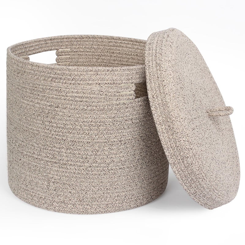 WILLITAT Storage Basket with Lid, Woven Blanket Storage for Living Room, Soft Cotton Rope Bin with Lid, Round Wicker Laundry Basket with Cover, Lidded Kids Dog Toy Bin, Nursery Organizer, 15" x 13" - Image 1