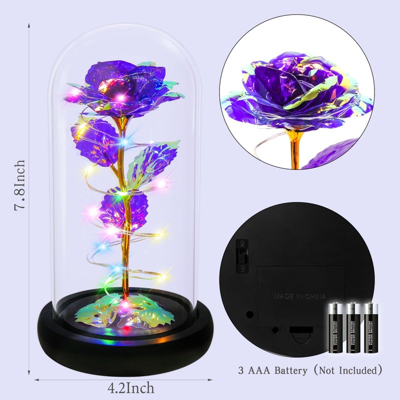Childom Birthday Gifts for Women Christmas Rose Gifts for Women Mom Gifts for Her Colorful Purple Light Up Rose in A Glass Dome with Colorful light Rose Gifts for Wife Girl Anniversary Thanksgiving - Image 4