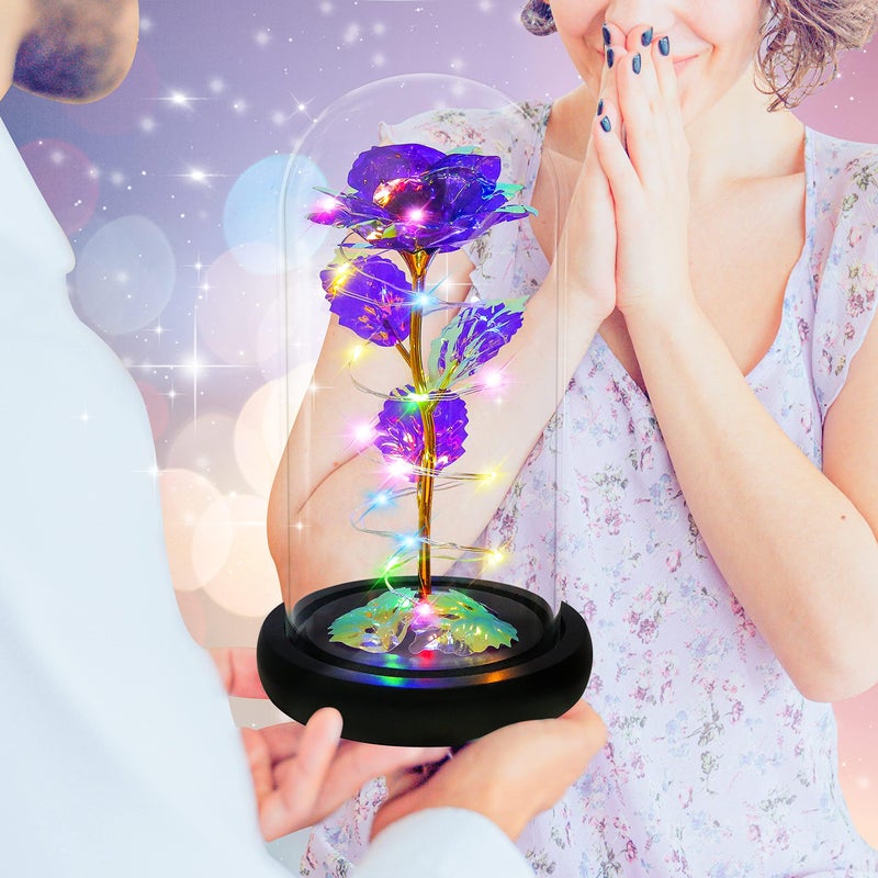 Childom Birthday Gifts for Women Christmas Rose Gifts for Women Mom Gifts for Her Colorful Purple Light Up Rose in A Glass Dome with Colorful light Rose Gifts for Wife Girl Anniversary Thanksgiving - Image 5