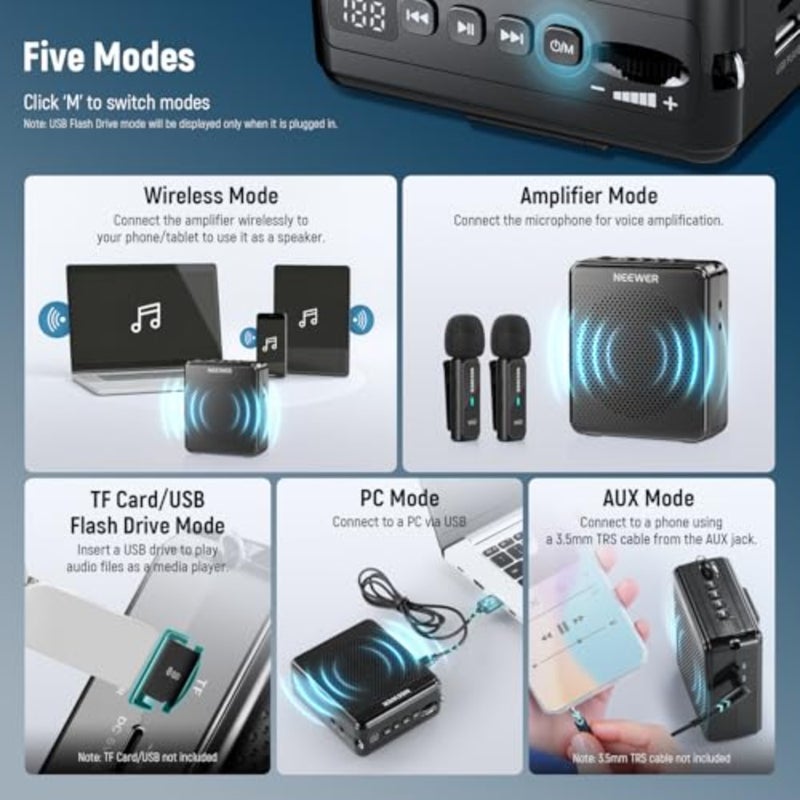 مضخم صوت VA02 مع ميكروفون لاسلكي، مكبر صوت صغير محمول USB C قابل لإعادة الشحن وإلغاء الضوضاء ومكبر صوت ومجموعة ميكروفون، 10 ساعات، نطاق 15 مترًا لمعلمي الفصول الدراسية والمرشدين السياحيين - Image 3