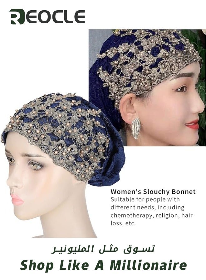 REOCLE Women's Turban Beanie Hat with Flower Lace And Bead Headwear Elastic Head Wrap Fashion Cap Dark Blue  - Image 2