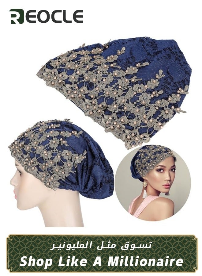 REOCLE Women's Turban Beanie Hat with Flower Lace And Bead Headwear Elastic Head Wrap Fashion Cap Dark Blue  - Image 1