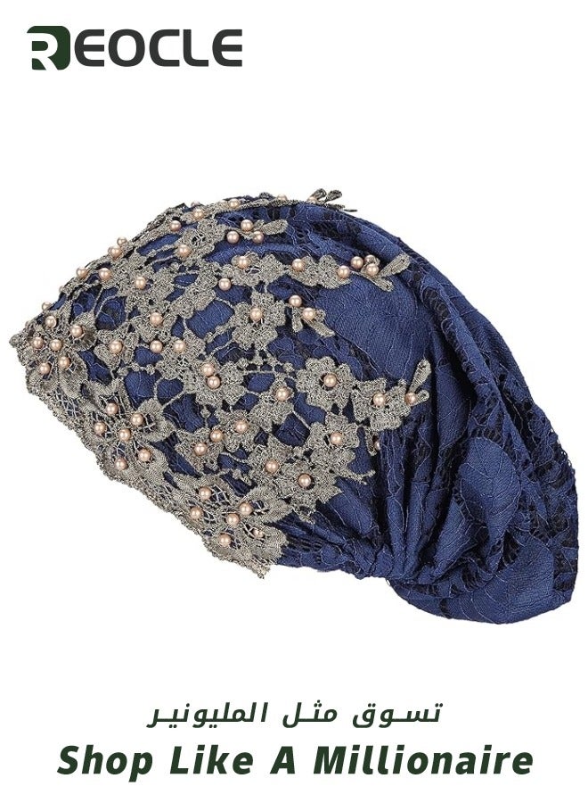 REOCLE Women's Turban Beanie Hat with Flower Lace And Bead Headwear Elastic Head Wrap Fashion Cap Dark Blue  - Image 5