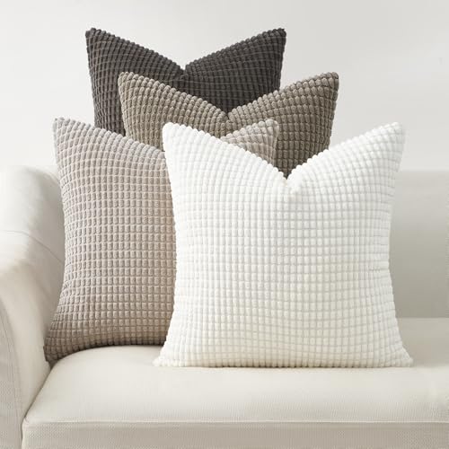 Topfinel Neutral Grey Throw Pillows Covers for Couch Living RoomBoho Corduroy Striped Grey Cushion Covers Holiday 4 Packs Nordic Cushion CaseVintage Fluffy Large Bedroom Shams 18x18 Inch Set of 4 - Image 1