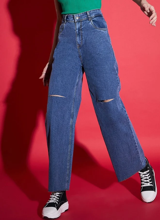 ساسافراس Navy Blue High-Rise Straight Fit Jeans for Women