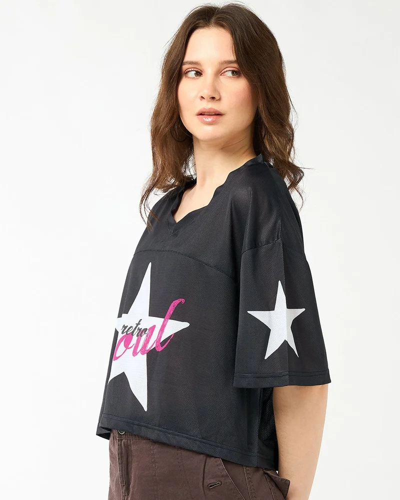 bewakoof Women's Black Graphic Printed Oversized Crop Mesh T-shirt