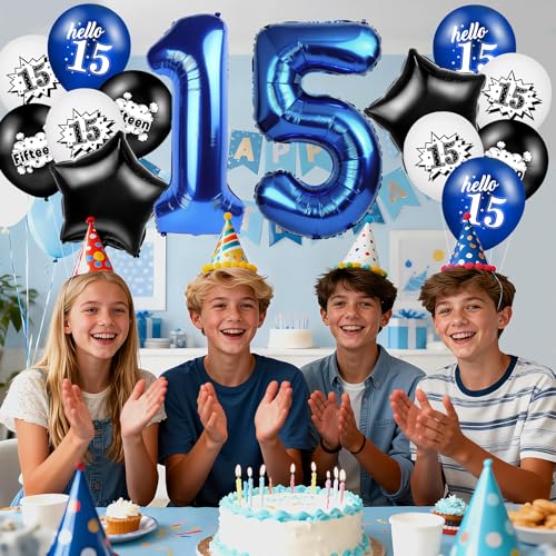 TagreSpike Happy 15th Birthday Balloons Decorations Navy Blue Black White Fifteen Balloons Number 15 Foil Star Balloon Hello 15 Birthday Latex Balloons for Boys Girls 15 Years Old Bday Party Supplies - Image 5