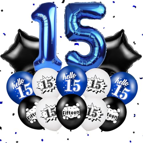 TagreSpike Happy 15th Birthday Balloons Decorations Navy Blue Black White Fifteen Balloons Number 15 Foil Star Balloon Hello 15 Birthday Latex Balloons for Boys Girls 15 Years Old Bday Party Supplies - Image 1