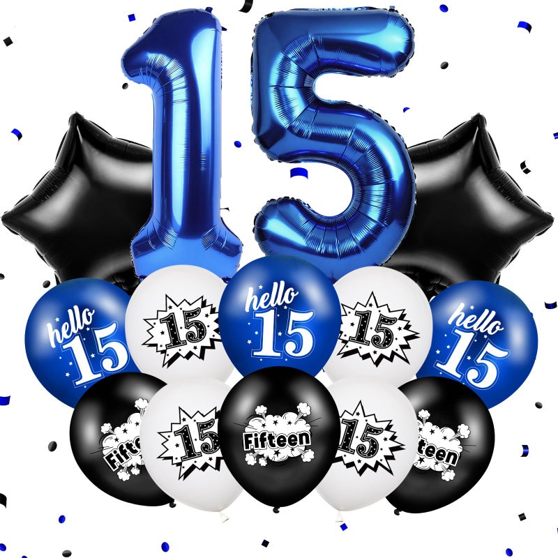 TagreSpike Happy 15th Birthday Balloons Decorations Navy Blue Black White Fifteen Balloons Number 15 Foil Star Balloon Hello 15 Birthday Latex Balloons for Boys Girls 15 Years Old Bday Party Supplies - Image 3