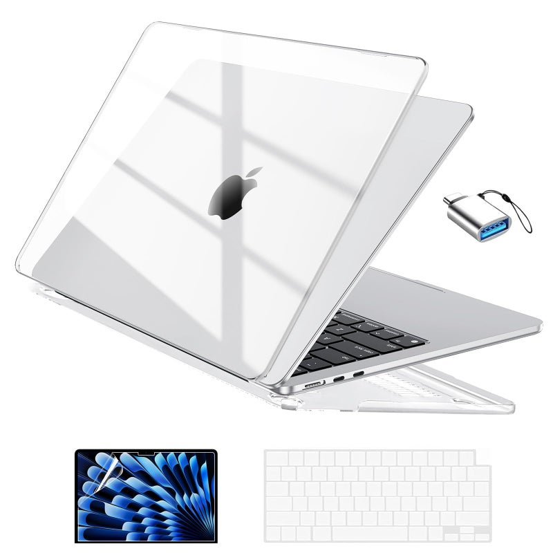 EooCoo Compatible with MacBook Air 13 inch Case M5 2026-2022 M4 M3 M2 Model A3449 A3240 A3113 A2681, Mac Air 13.6 inch Hard Shell & Keyboard Cover & Screen Film & Type-C, Crystal Clear - Image 1