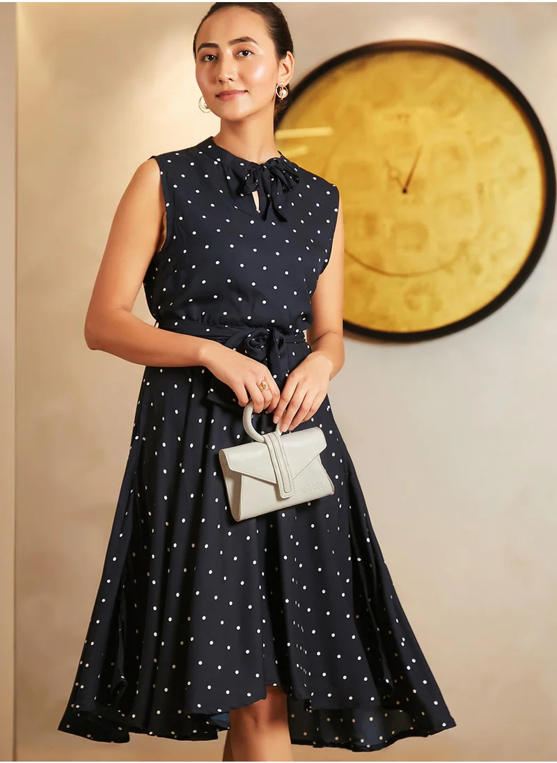 PINACOLADA Women's Midnight Black Tie-Up Polka Dot Dress