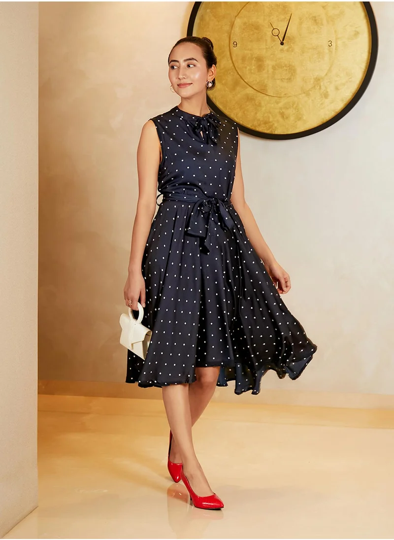 PINACOLADA Women's Midnight Black Tie-Up Polka Dot Dress