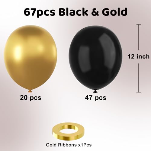 YMSZ Black and Gold Balloons, 67pcs 12 Inch Metallic Gold and Black Balloons for Birthday, Retirement, Graduation, New Year's Eve Party Decorations - Image 2