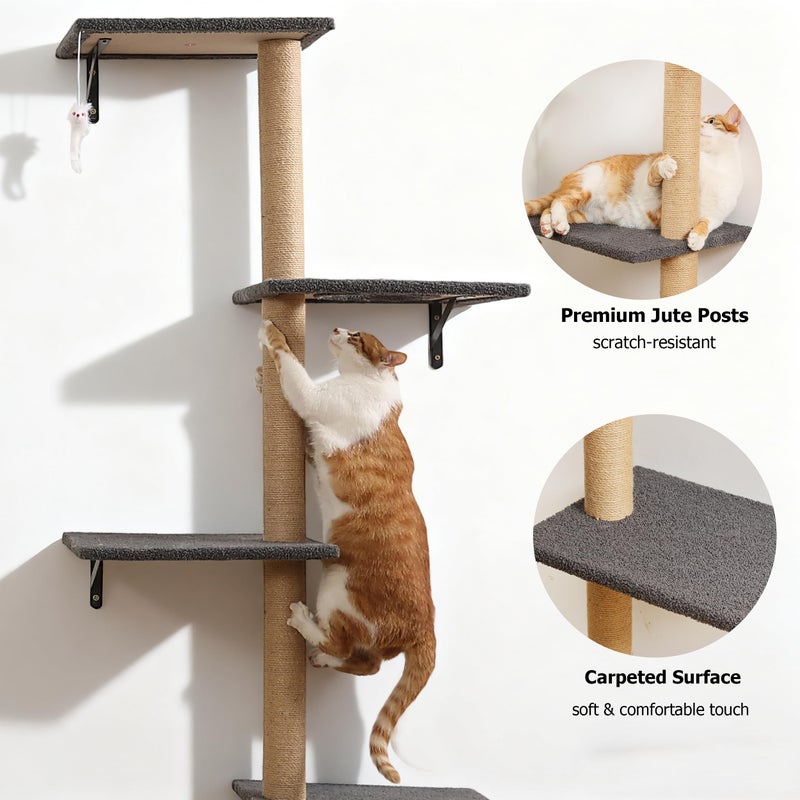 HAPYKITYS Tall Cat Scratching Posts,4 Tier Corner Cats Tree, Wall Mounted Kitten Tower,Carpeted Climbing Wall for Indoor Kitty Perching,Playing and Lookout (Grey) - Image 5