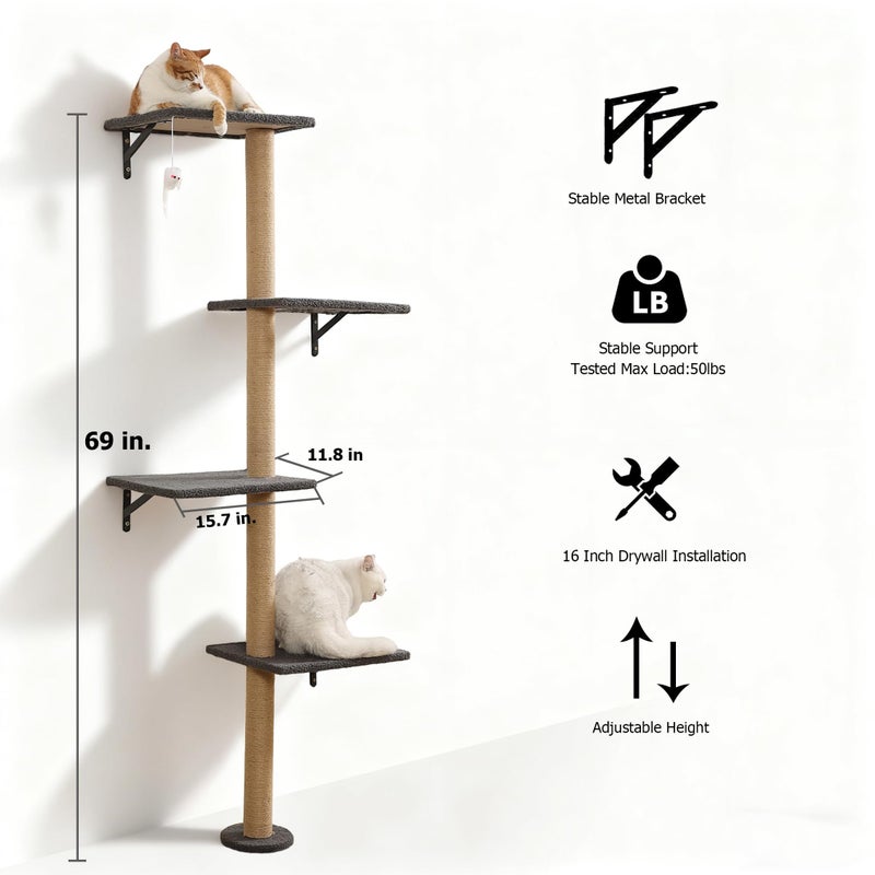 HAPYKITYS Tall Cat Scratching Posts,4 Tier Corner Cats Tree, Wall Mounted Kitten Tower,Carpeted Climbing Wall for Indoor Kitty Perching,Playing and Lookout (Grey) - Image 3