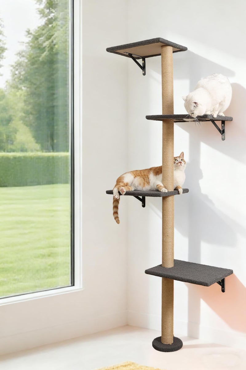 HAPYKITYS Tall Cat Scratching Posts,4 Tier Corner Cats Tree, Wall Mounted Kitten Tower,Carpeted Climbing Wall for Indoor Kitty Perching,Playing and Lookout (Grey) - Image 1